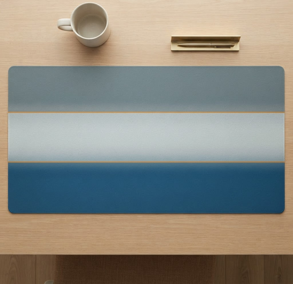 Sample colour-field desk mat design: soft horizontal bands of slate, fog grey and blueprint blue with one amber rule.