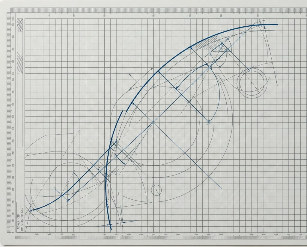 Original Geometric-lane desk mat design: a technical blueprint grid with measurement ticks and a sweeping arc in slate and blueprint blue.