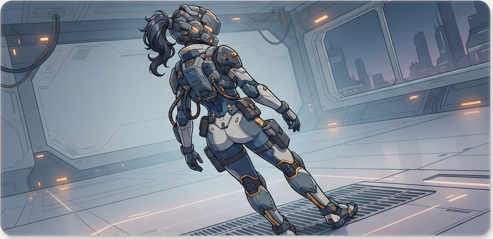 Original Character-lane desk mat design in an anime register: a stylised original mecha figure seen from behind, cool palette with amber highlights.