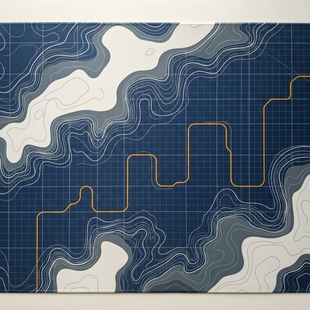 Flat view of an original Geometric-lane desk mat design: layered contour lines and a measured grid in slate, blueprint blue and off-white.
